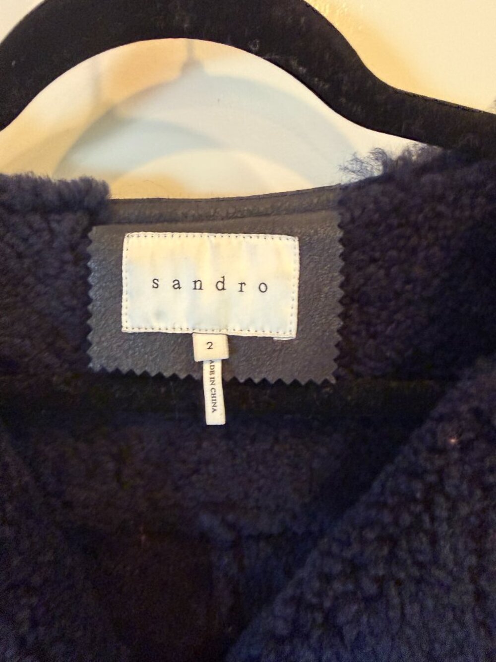 Sandro Paris navy blue lamb leather shearling biker moto jacket size 2 - Picture 5 of 6
